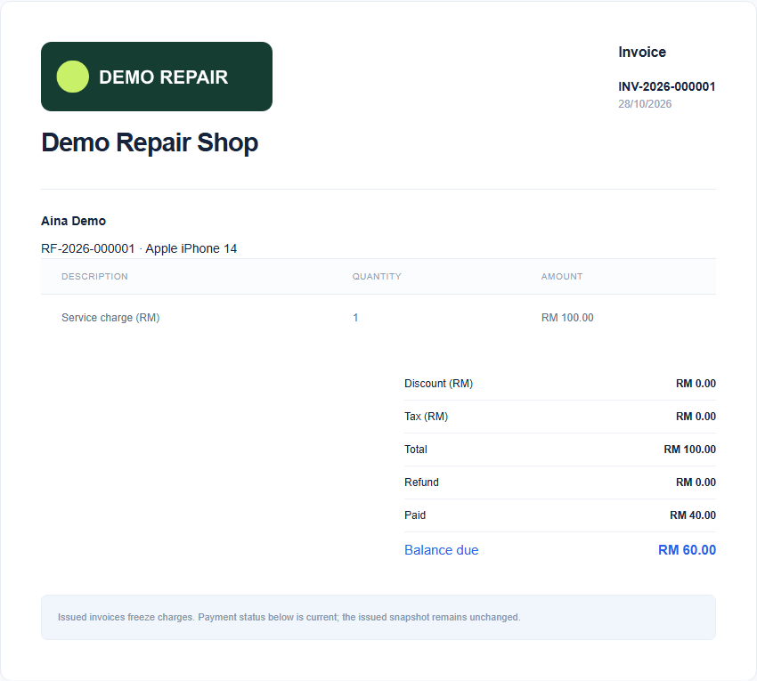 Sample RepairFlow invoice with a demonstration shop logo, service charge, payment and remaining balance in ringgit.